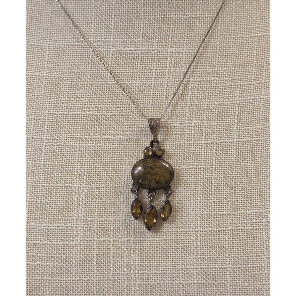 Vtg Sterling Silver Cabochon Brown Agate & Citrine Large Pendant 30" 925 Chain
